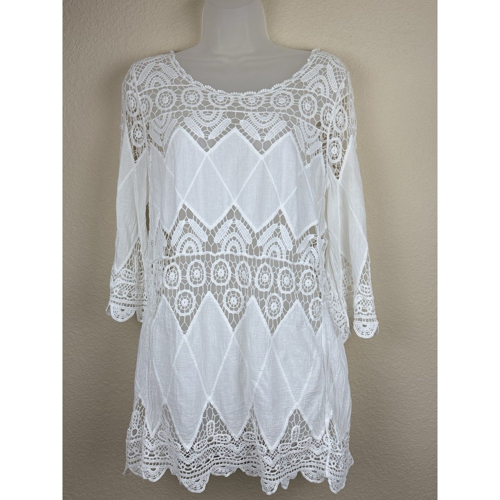 100% Cotton White Crochet Tunic Top Womens Indie Boho Coastal Cover Up M/L *read